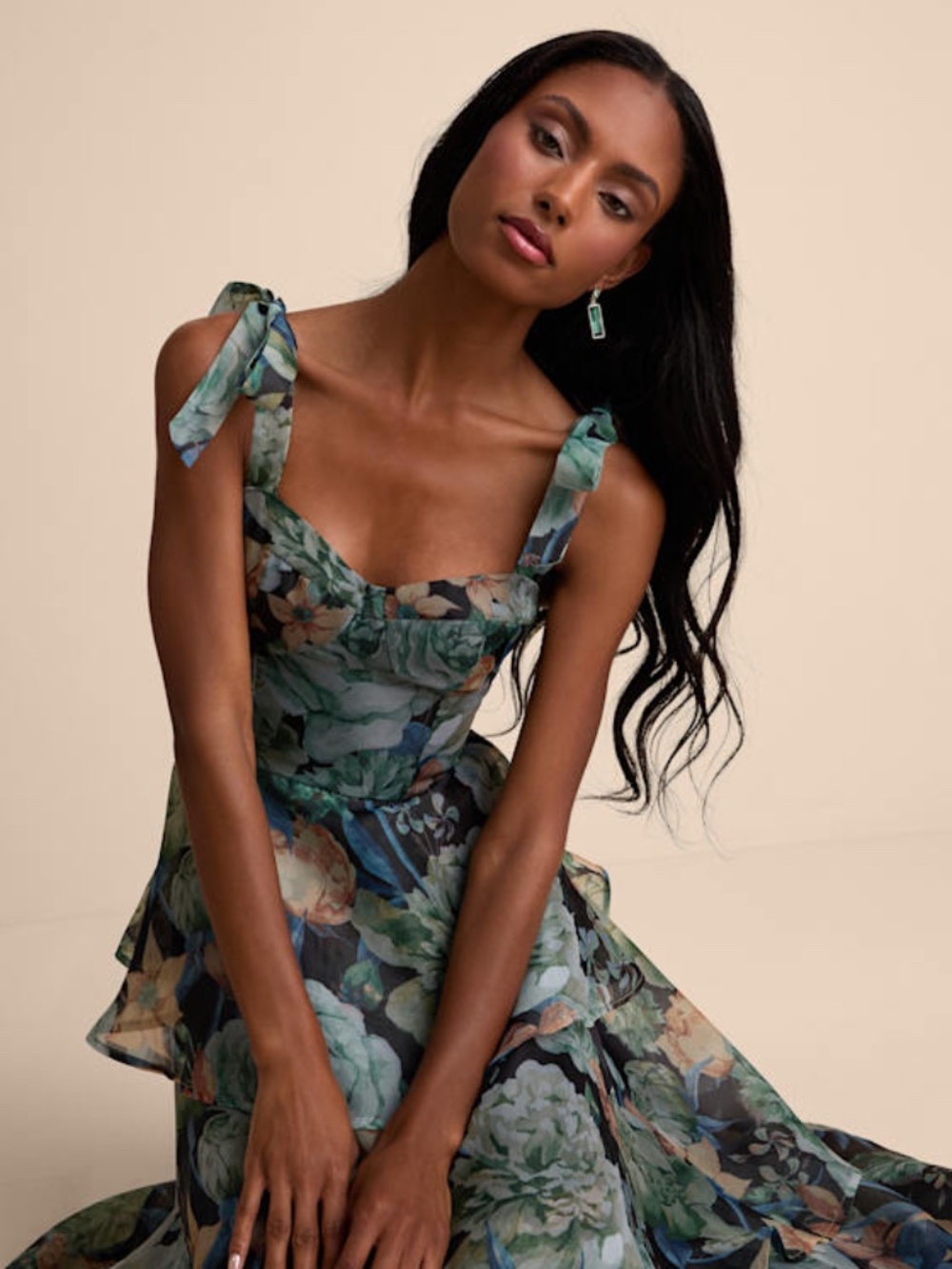 Lulus Playfully Posh Black Floral Organza Tie-strap Tiered Midi Dress - Size M